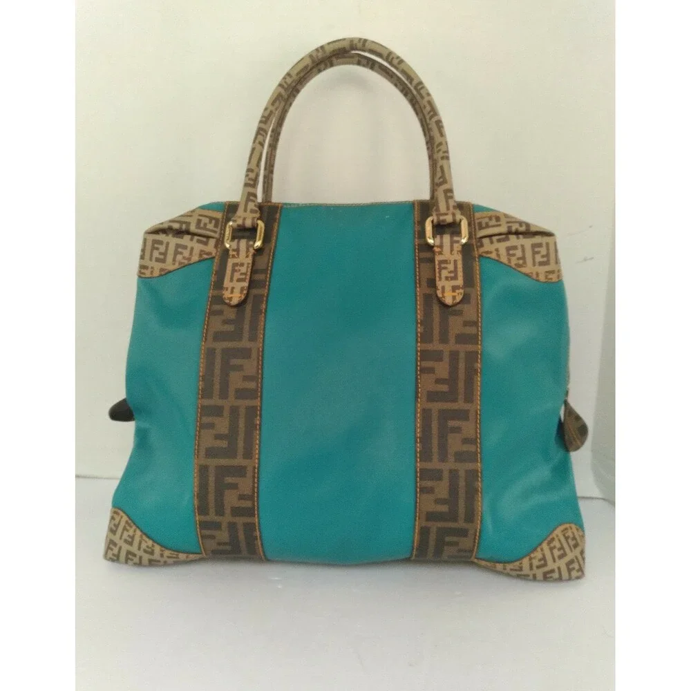 Fendi Monogram Turquoise Leather Tote Bag with FF‎ Pattern Trim Designer Handbag